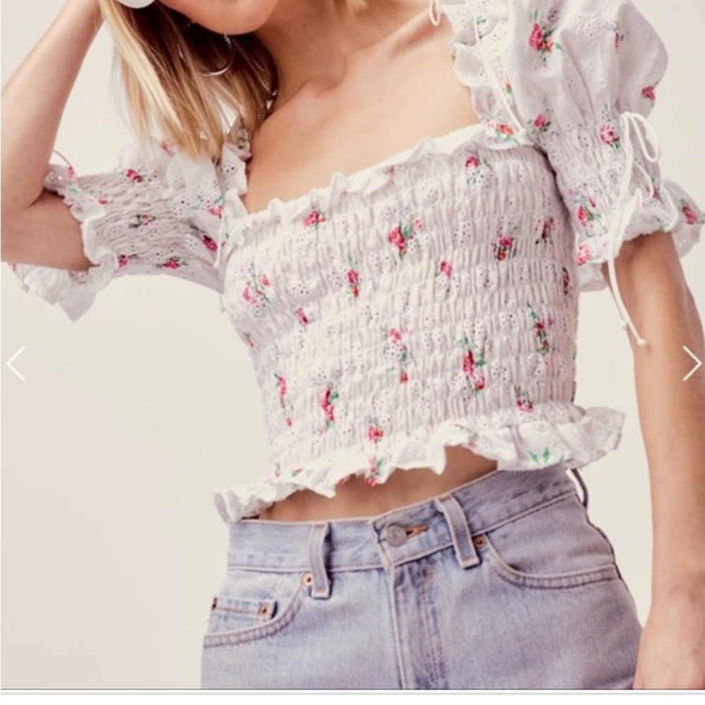 For Love And Lemons White Puff Sleeve Smocked Blouse
